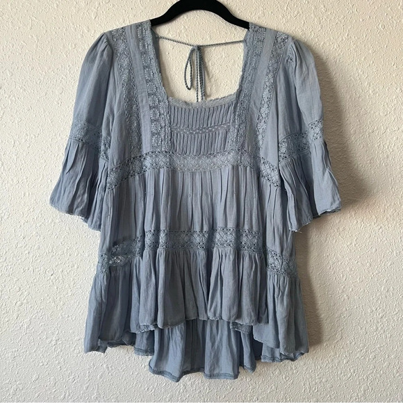 Free People Tops - Free People Golden Hour Tie Back Flowy Blouse Blue Size Small